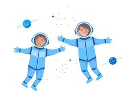 astronauta desenho animado personagens dentro exterior espaço terno. astronauta crianças. desenho animado Garoto vestindo astronauta fantasia. vetor ilustração.