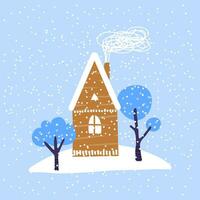 rabisco casa, árvores e neve. vetor