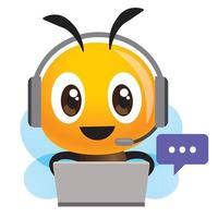 Operador de abelha sorridente com fone de ouvido trabalhando na central de atendimento se comunicando com o cliente vetor