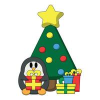 fofa desenho animado pinguim com Natal árvore e presente caixa dentro cor vetor