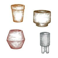 cerâmico flor panelas desenhando com gravação, doodle. mão desenhado conjunto com vasos em isolado branco fundo, esboço estilo. Projeto elemento para flor comprar, cerâmica, casa decoração, fez trabalhos manuais argila. vetor