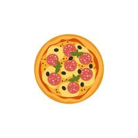 fresco pizza com tomate, queijo, Oliva, salsicha, cebola, manjericão. tradicional italiano velozes Comida. topo Visão refeição. europeu lanche. isolado branco fundo. vetor ilustração.