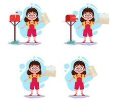 conjunto do ilustrações do uma menina com uma caixa de correio vetor