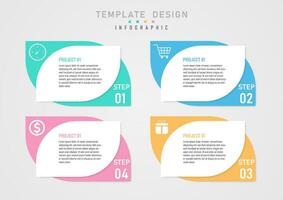 infográfico Projeto modelo 4 passos o negócio projeto multicolorido pastel aguçado quadrados ícone com números dentro a canto cartas em uma branco fundo dentro a meio cinzento gradiente fundo vetor