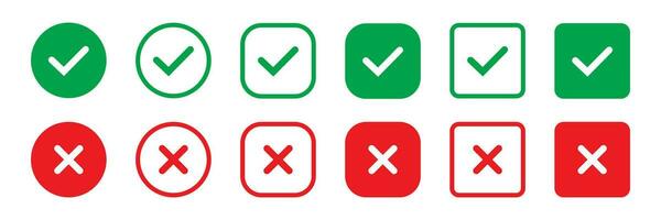 verde Carraça e vermelho Cruz marcas de verificação dentro círculo plano ícones. sim ou não linha símbolo, aprovado ou rejeitado ícone para do utilizador interface. vetor