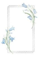 quadro, Armação com bluebell flores mão desenhado aguarela ilustração com azul Sino em isolado fundo. floral modelo para cumprimento cartões ou Casamento convites. botânico fronteira com selvagem campânula vetor