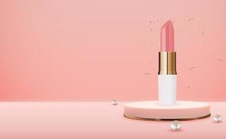 Batom natural realista 3D no pódio rosa com modelo de design de pérola de produtos de cosméticos da moda