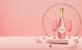 pedestal 3d realista com garrafa e taças de fundo de champanhe vetor