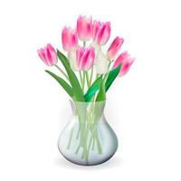 vaso transparente de vidro 3D realista com flores de tulipas vetor