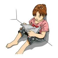 vetor ilustração do uma pequeno menina sentar baixa e lendo uma livro