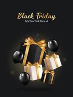 Black Friday super sale realista de presentes pretos e caixas de balões de fundo vetor