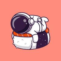 fofa astronauta com Sushi salmão desenho animado vetor ícone ilustração. Ciência Comida ícone conceito isolado Prêmio vetor. plano desenho animado estilo