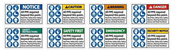 ppe necessário além deste ponto, capacete, colete de segurança, óculos de proteção, proteção auditiva vetor