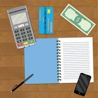 financeiro planejamento negócios. transferir máquina crédito cartão e conta nota de banco em madeira mesa. vetor ilustração