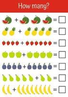 colorida, brincalhão matemática fichas de trabalho para cedo criança desenvolvimento, Adição, e subtração exercícios para pré escola Educação, pedagógico usar. vegetais, frutas matemático listas. contando, quão muitos jogos vetor