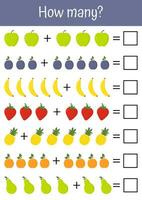 colorida, brincalhão matemática fichas de trabalho para cedo criança desenvolvimento, Adição, e subtração exercícios para pré escola Educação, pedagógico usar. vegetais, frutas matemático listas. contando, quão muitos jogos vetor