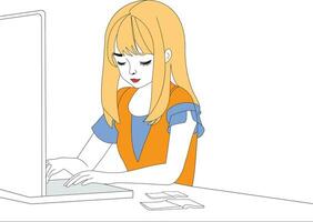 mão desenhado jovem mulher trabalhando dentro a cafeteria com uma computador portátil ilustração pró vetor