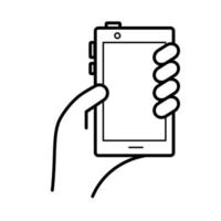 mão usando o ícone de estilo de linha de dispositivo de smartphone vetor