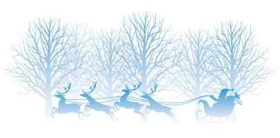Ilustração de Natal com floresta, Papai Noel e renas. vetor