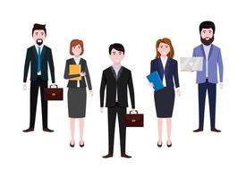 Equipe de personagens de empresário e mulher de negócios vestindo roupa de negócios em pé com laptops em uma pasta vetor