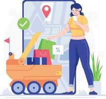 compras conectados conceito. vetor ilustração dentro plano estilo. mulher com robótico carrinho carrinho e Smartphone. Entrega serviço conceito estilo. para envio, moderno tecnologia