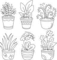 vetor imagem do conjunto interior plantas dentro a rabisco estilo. orquídea, flores, grama, samambaia dentro panelas doodle. contorno, modelo
