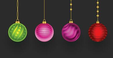 casar Natal e feliz Novo ano Natal decorações bola suspensão em fita, ouro brilhar confete. realista 3d Projeto. vetor ilustração