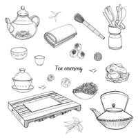 conjunto chá cerimônia com vários tradicional ferramentas. bule de chá, tigelas, gaiwan. contorno mão desenhado ilustração. vetor
