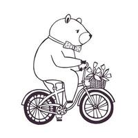 Urso em a bicicleta com cesta e flores desenho animado contorno ilustração em branco fundo. vetor