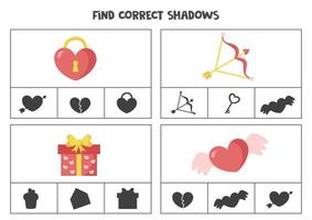 encontre as sombras corretas dos clipes de elementos do dia dos namorados para crianças em idade pré-escolar vetor