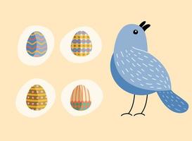 pacote de ovos pintados e pássaro feliz celebração da Páscoa vetor