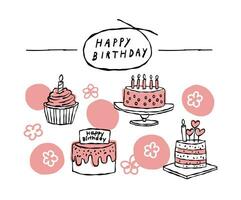 vetor linha desenhado feliz aniversário bolo, rosa, bonitinho, doce