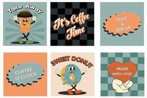 café retro desenho animado velozes Comida cartazes e cartões. quadrinho personagem slogan citar e de outros elementos para hamburguer Barra restaurante. social meios de comunicação modelos histórias Postagens. groovy funky vetor ilustração