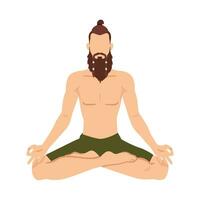 uma homem senta dentro uma lótus posição, faz ioga, isolado em uma branco fundo. hipster medita vetor