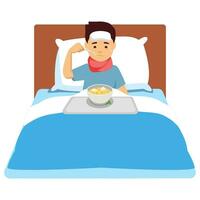 ilustração do uma doente criança Garoto comendo uma tigela do Comida dentro cama. vetor
