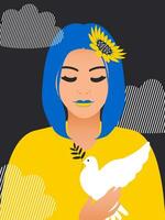 uma menina com uma branco pomba do Paz dentro dela mãos em uma Preto vertical fundo com nuvens ora para Paz dentro Ucrânia. vetor. vetor