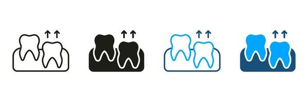 humano dentes crescimento silhueta e linha ícone definir. sabedoria dentição processo. dentes erupção pictograma. oral medicamento, dental tratamento, odontologia símbolo coleção. isolado vetor ilustração.