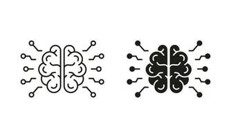 artificial inteligência linha e silhueta ícone definir. humano cérebro e rede tecnologia conceito pictograma. ai inovação símbolo coleção em branco fundo. isolado vetor ilustração.