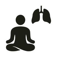 profundo respiração exercício, atenção relaxamento silhueta ícone. pessoa Faz ioga para bem estar glifo pictograma. lótus pose e humano pulmões sólido símbolo. isolado vetor ilustração.