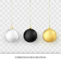 Natal decorações. realista lustroso natal e Novo ano árvore decorações. dourado branco e Preto tradicional feriado realista Natal bolas. vetor ilustração