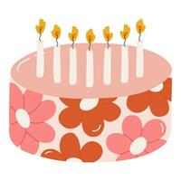 fofa aniversário bolo com queimando velas. sobremesa para celebração, aniversário, casamento. estilizado vetor ilustração do feriado Bolinho. na moda mão desenhado clipart dentro a escandinavo estilo