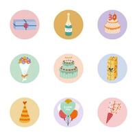 fofa e na moda luzes para diferente social meios de comunicação, blogueiros e empresas sobre aniversário festa, feriado, celebração, aniversário com plano ilustrações. vetor mão desenhado clipart