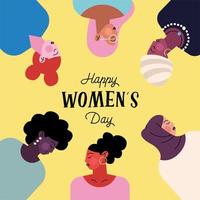 feliz dia das mulheres letras com grupo de seis personagens femininas vetor