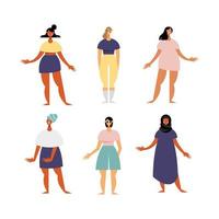 grupo de seis personagens femininas com vestidos diferentes vetor