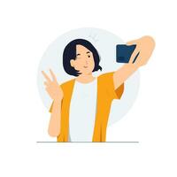 lindo mulher rindo e mostrando Paz placa gesto enquanto levando selfie foto em Móvel inteligente telefone conceito ilustração vetor