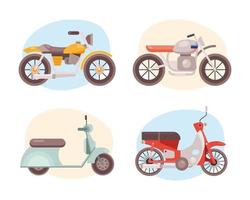 pacote de quatro motocicletas, veículos, ícones de estilos diferentes vetor