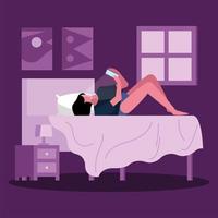 mulher na cama usando smartphone sofrendo de insônia vetor