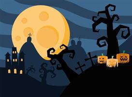 cartão de feliz dia das bruxas com castelo no cemitério escuro vetor