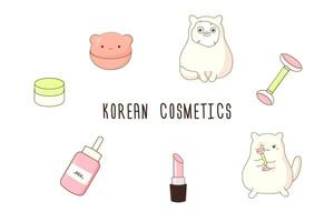 conjunto do adesivos fofa coreano gato e cosméticos vetor