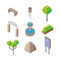 pacote de nove ícones de estilo isométrico de parque vetor